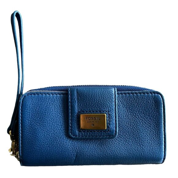 Fossil Blue Gold Cow Hide Pebbled Leather Wristlet Wallet Zip Snap Card Holder - Picture 1 of 8